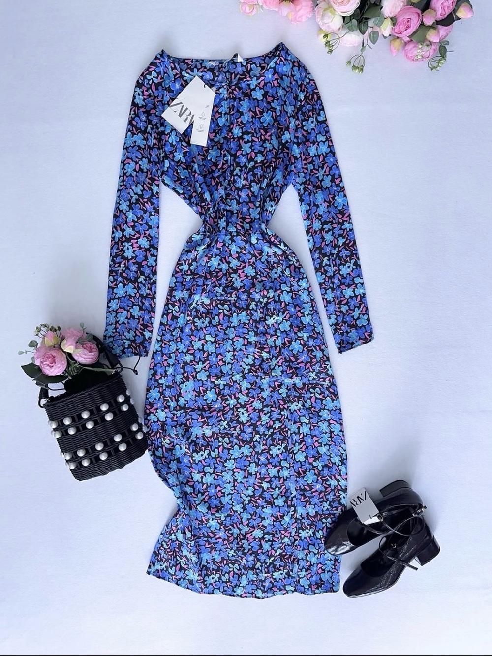 Zara Blue & Purple Floral Long Sleeve Midi Dress